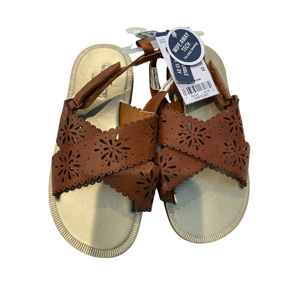 OshKosh Bgosh Toddler Girls Laura‎ Brown Laser Cut Floral Sandals Size 12 NEW